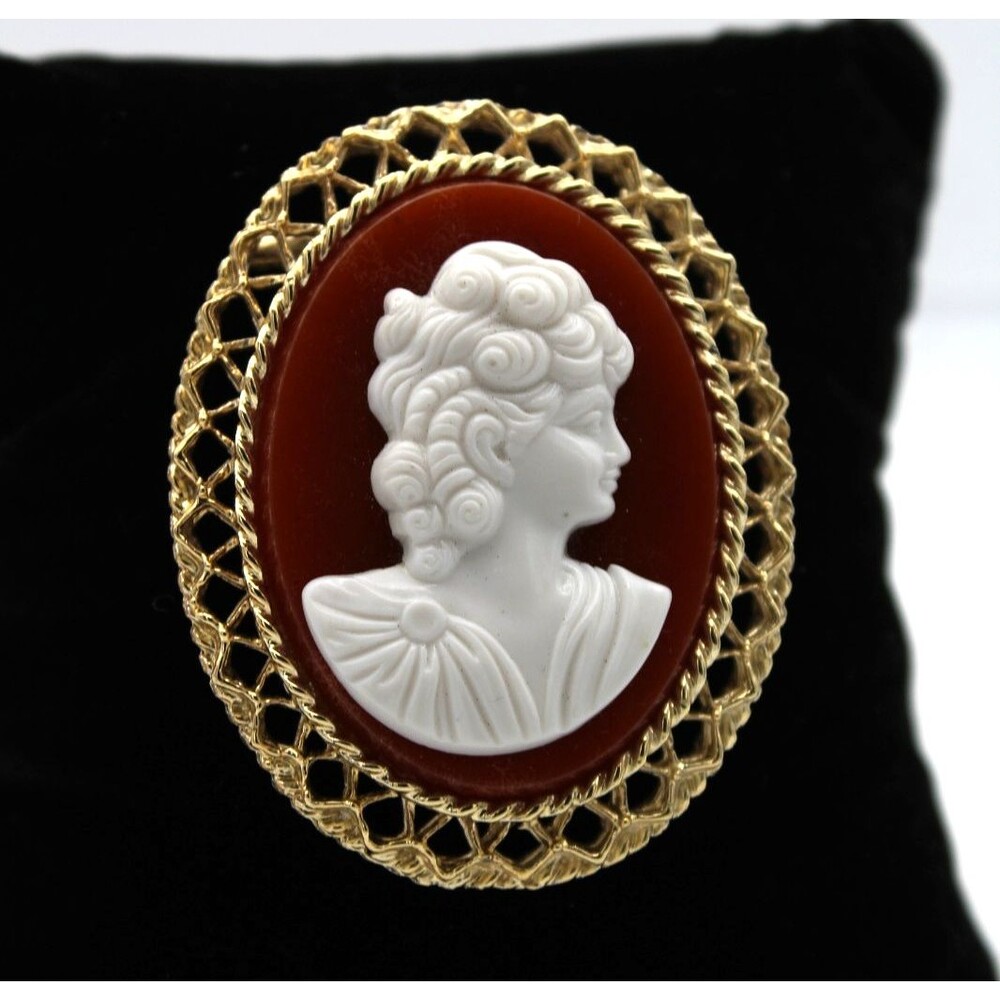 Vintage Cameo Style Brooch Pin Filigree Frame Carved Lady Portrait Convertible